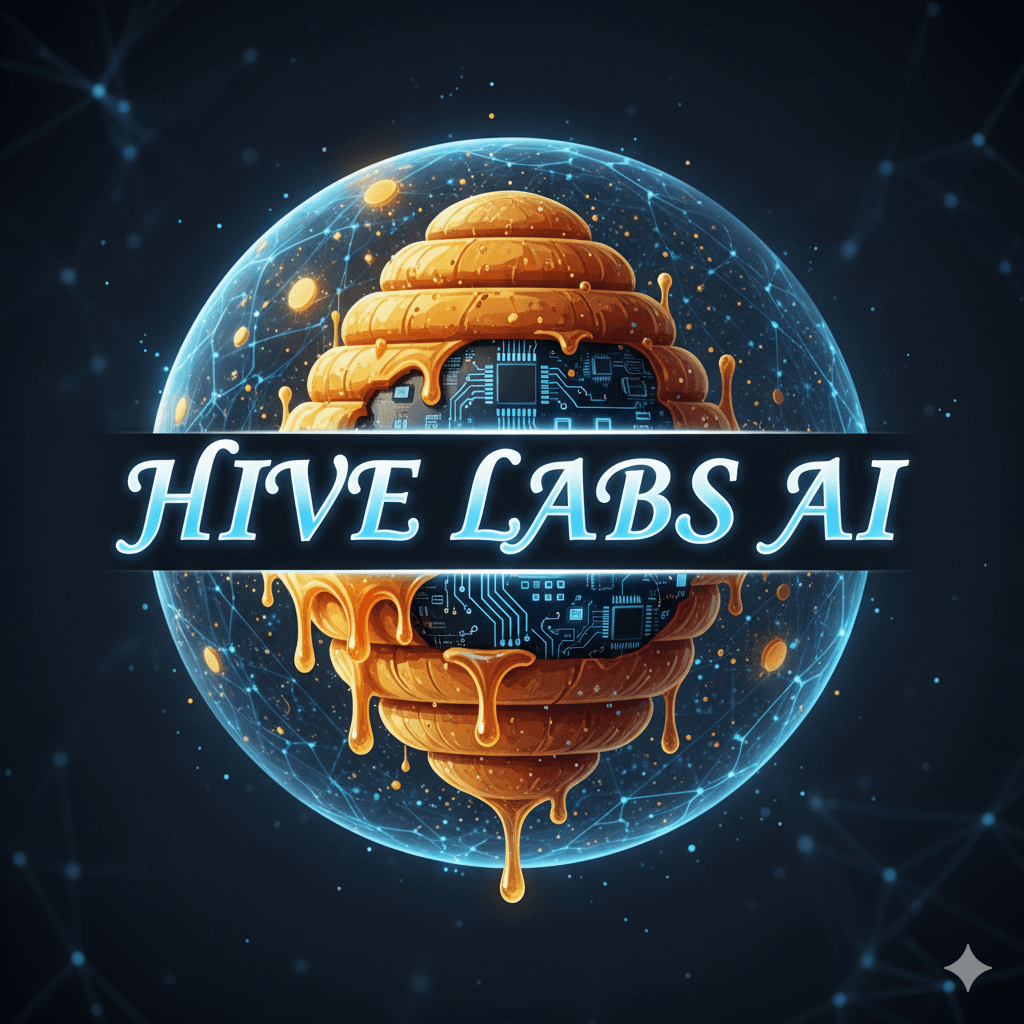 Hive Labs AI — a honey-dripping hive fused with circuitry inside a glowing network sphere
